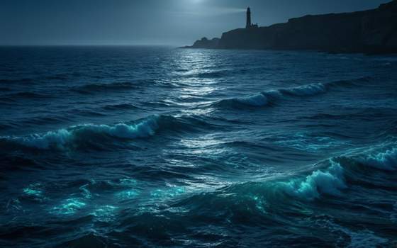 沧澜 · 海汐主题背景：月光下的夜海与远处灯塔