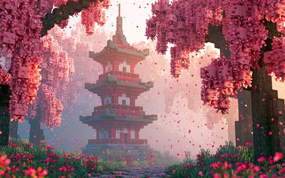塔楼 · 樱塔主题背景：樱花环绕的红色塔楼